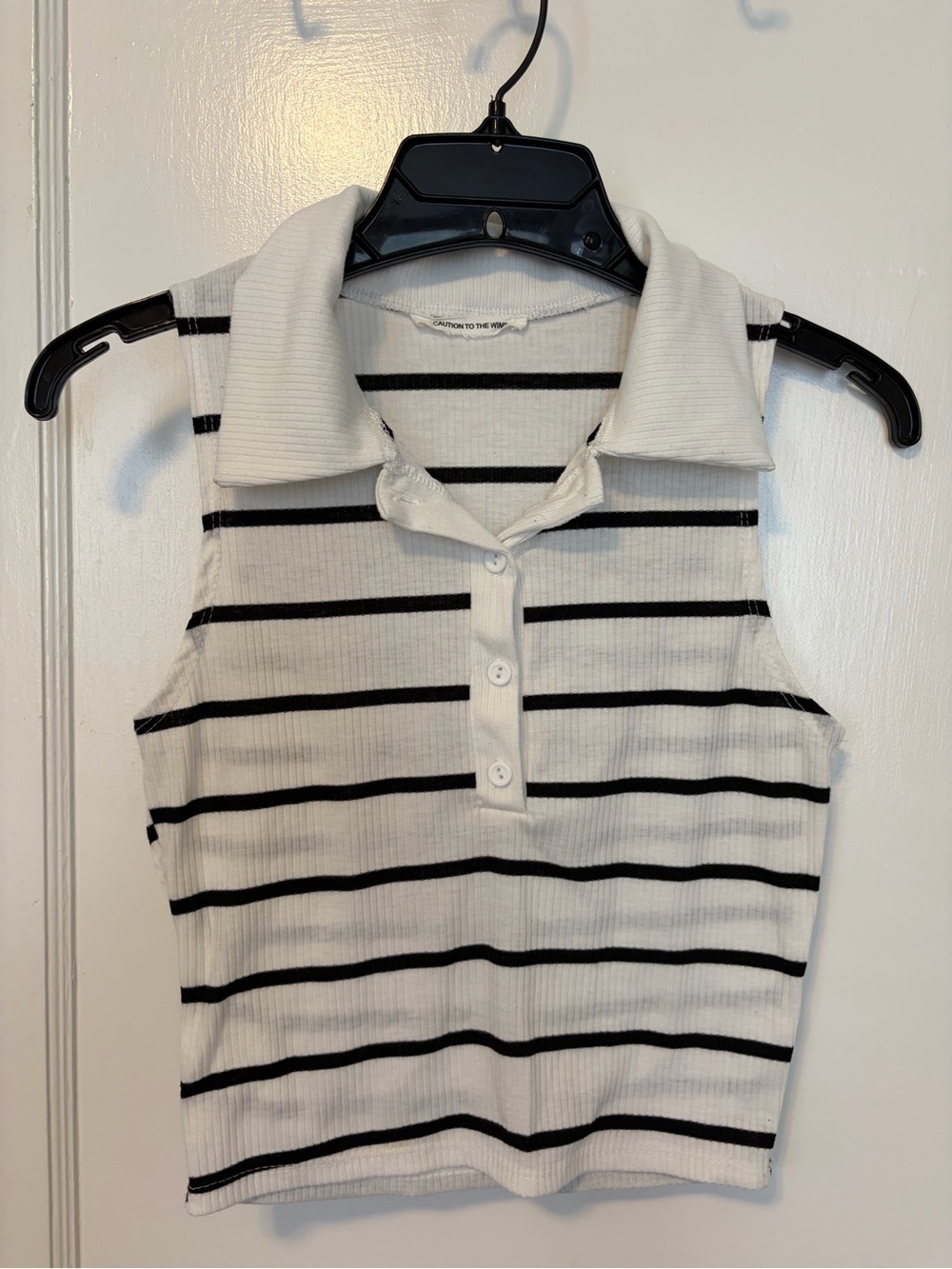 Caution to the Wind Black & White Striped Polo Cropped Tank